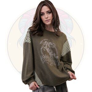 13C Mixed Media Cowgirl Stripe Knit Top in Olive